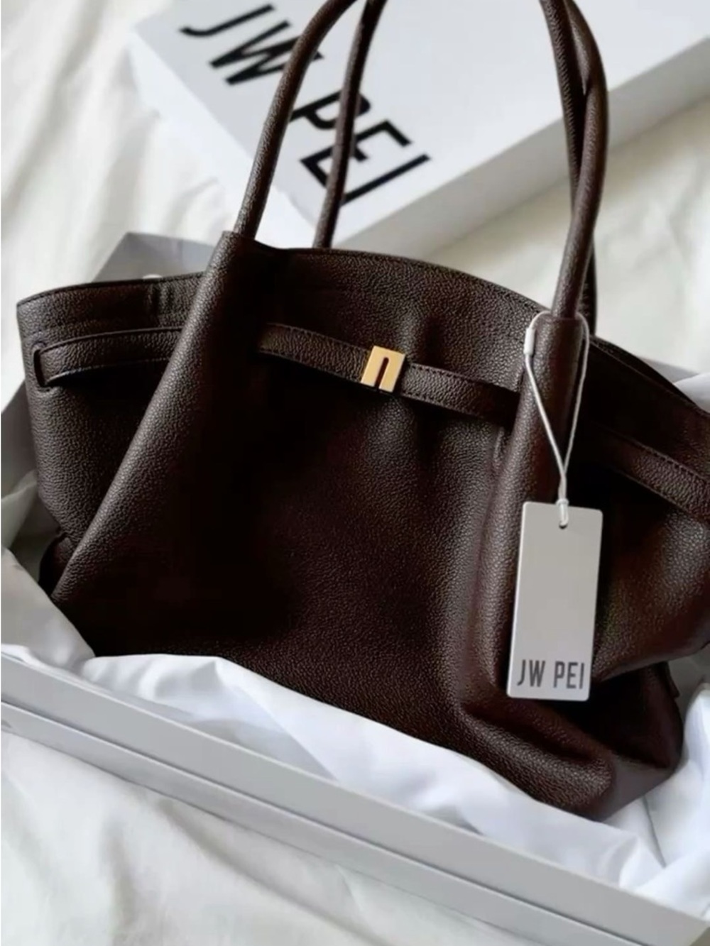 JW PEI Dark Brown Pebbled Shoulder Tote with Gold Accent